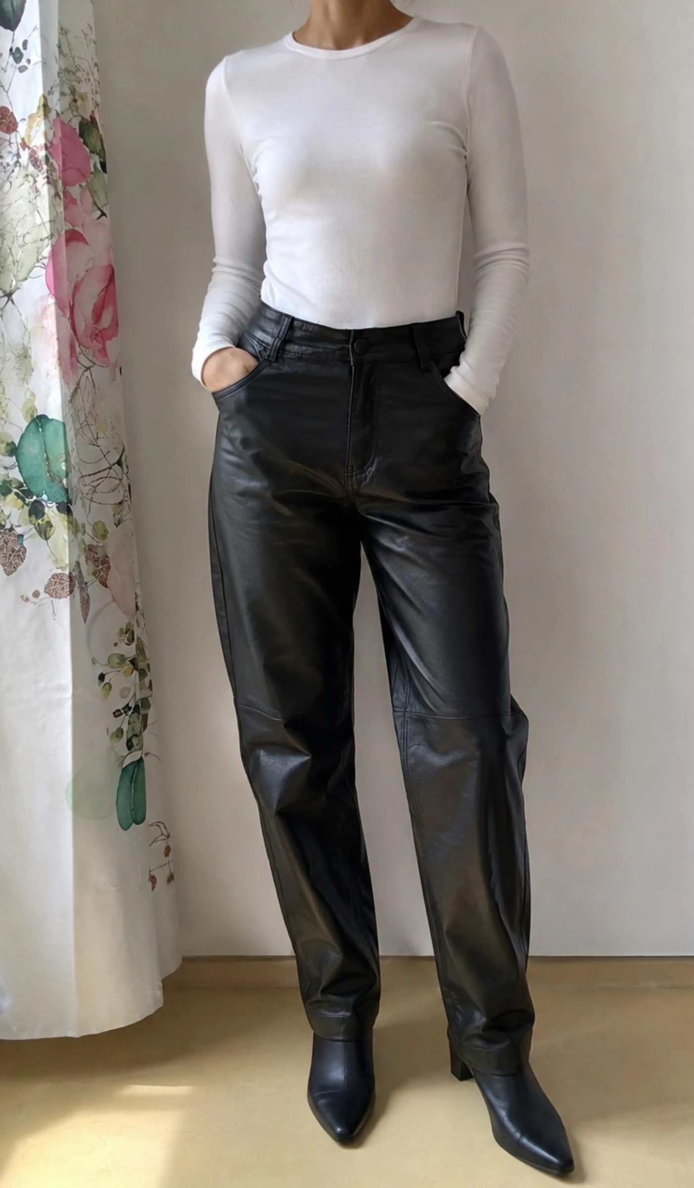 Pantalon coupe droite effet enduit/huilé/simili cuir 68% coton